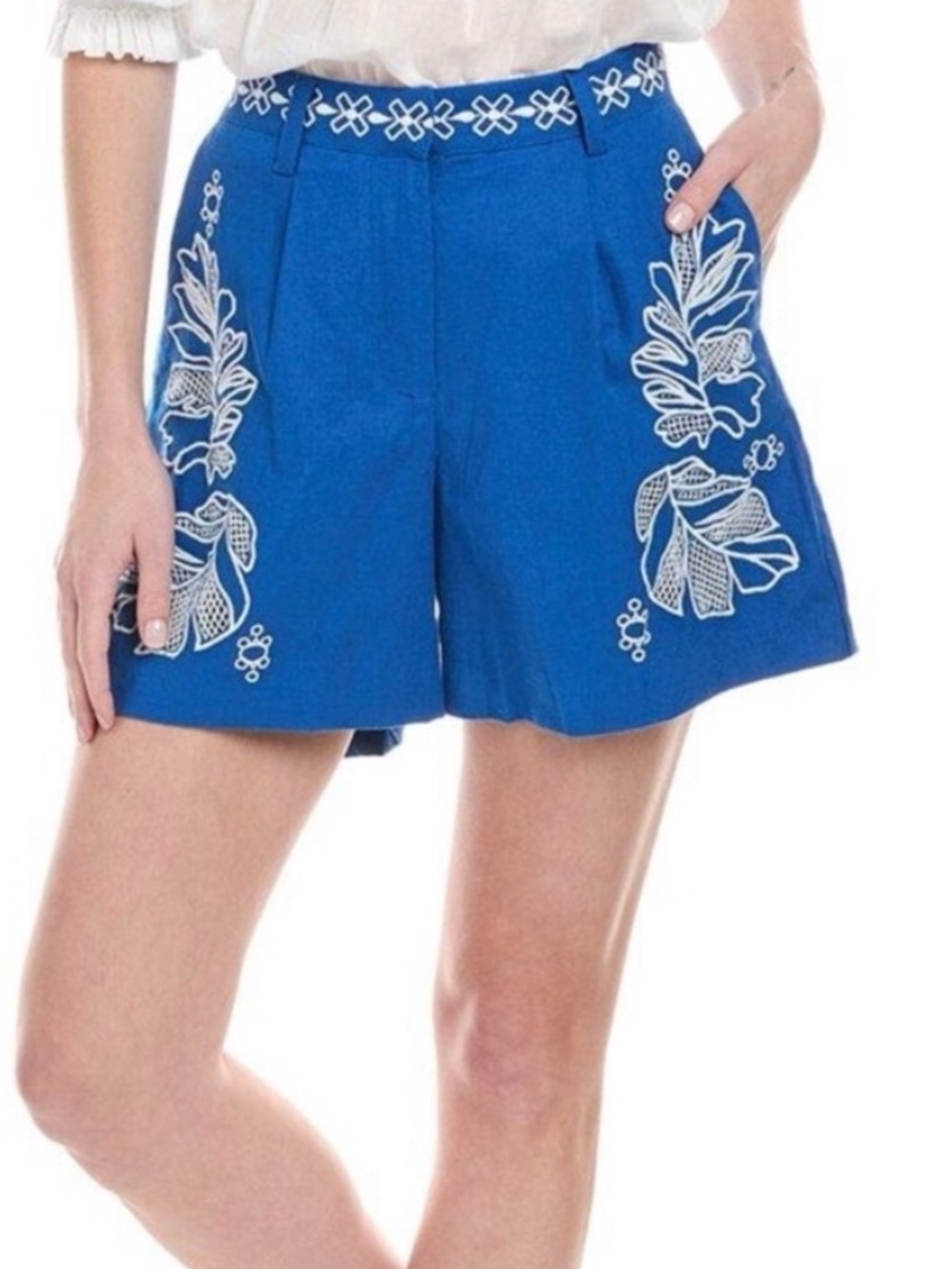 NWT XL Johnny Was Royal Blue Embroidered High-Waist Shorts - Picture 5 of 7